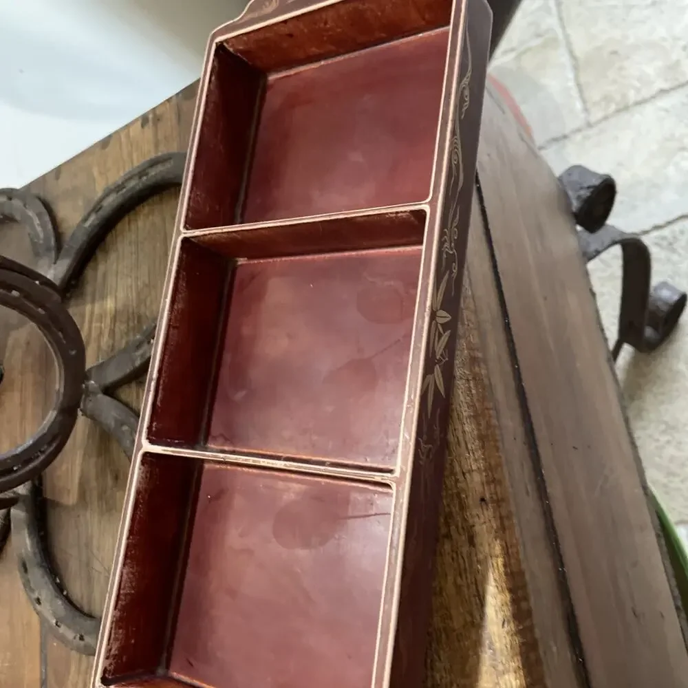 Vtg Baruni Japanese Lacquerware 3 Section Tray Painted Metal Burgundy Gold
